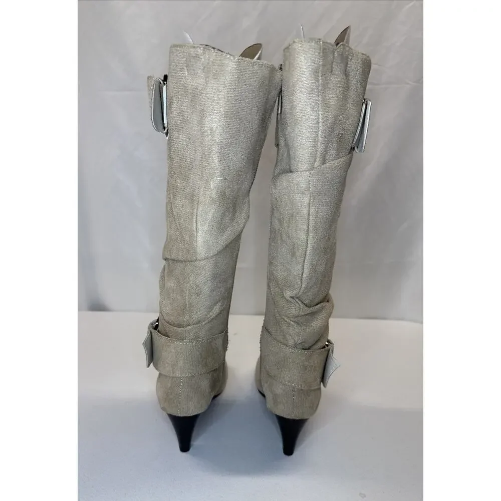 Women’s Suede Slouchy Knee High Boots Brown Buckle Kitten Heel EU 41 Fits US 8.5
